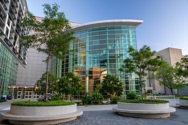 Outer view of the MDCL atrium with greenery.