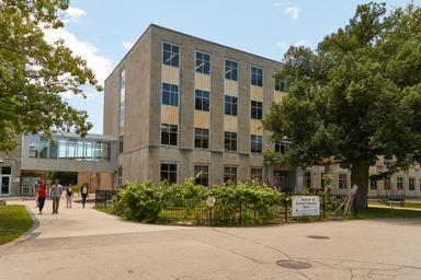Side view of GSB with the community garden.