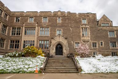 Front view of Hamilton Hall with the stairs.