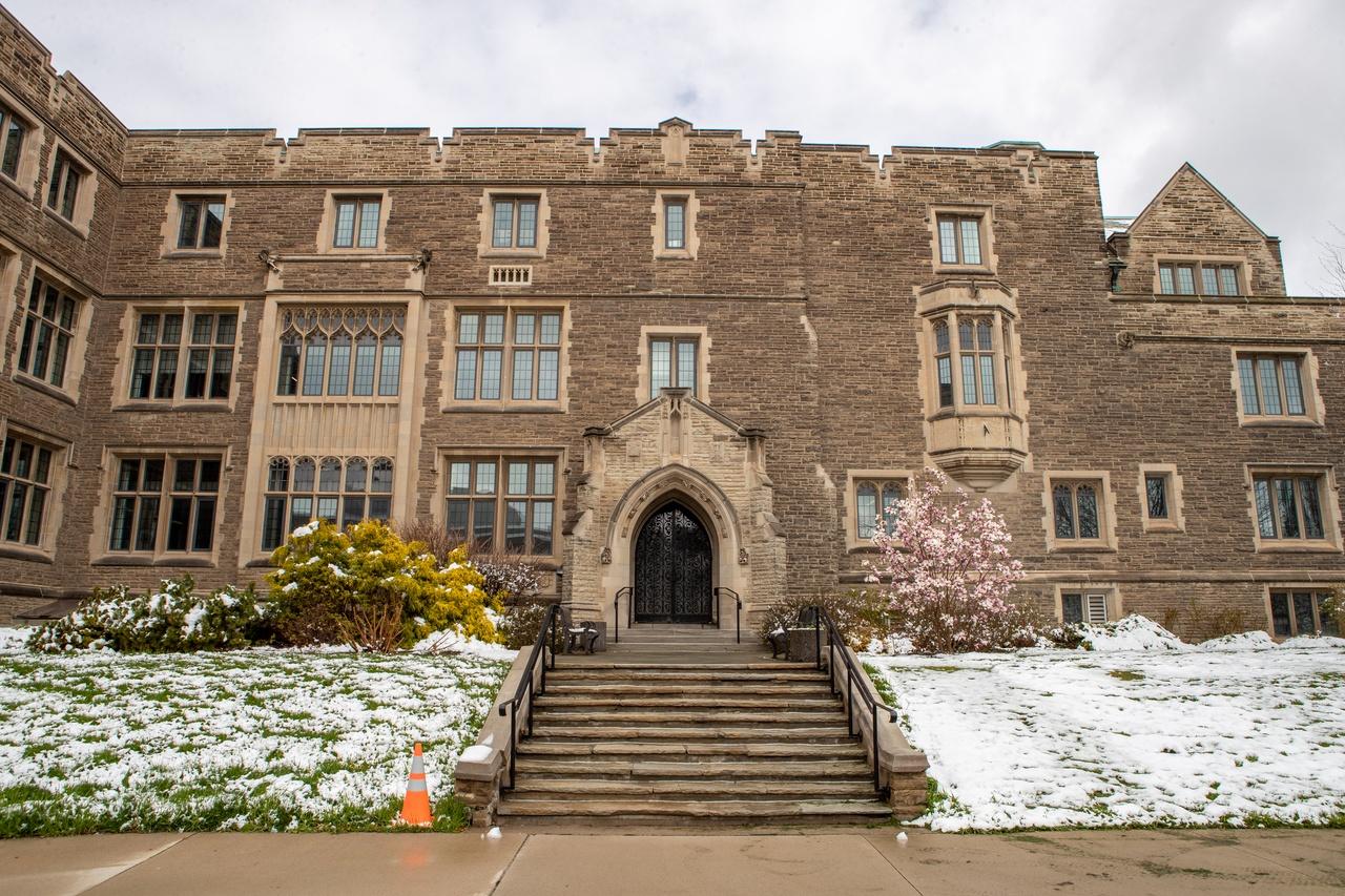 Front view of Hamilton Hall with the stairs.